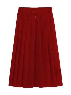 Elastic Waist Pleated Medium Length Skirt