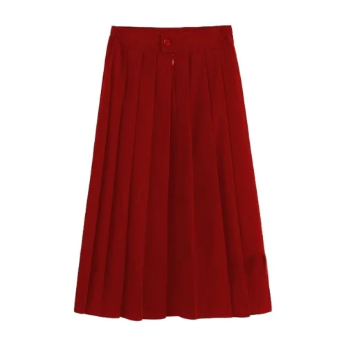 Elastic Waist Pleated Medium Length Skirt